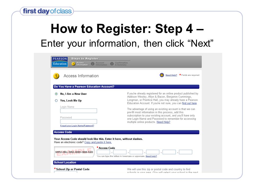 How to Register: Step 4 – Enter your information, then click Next