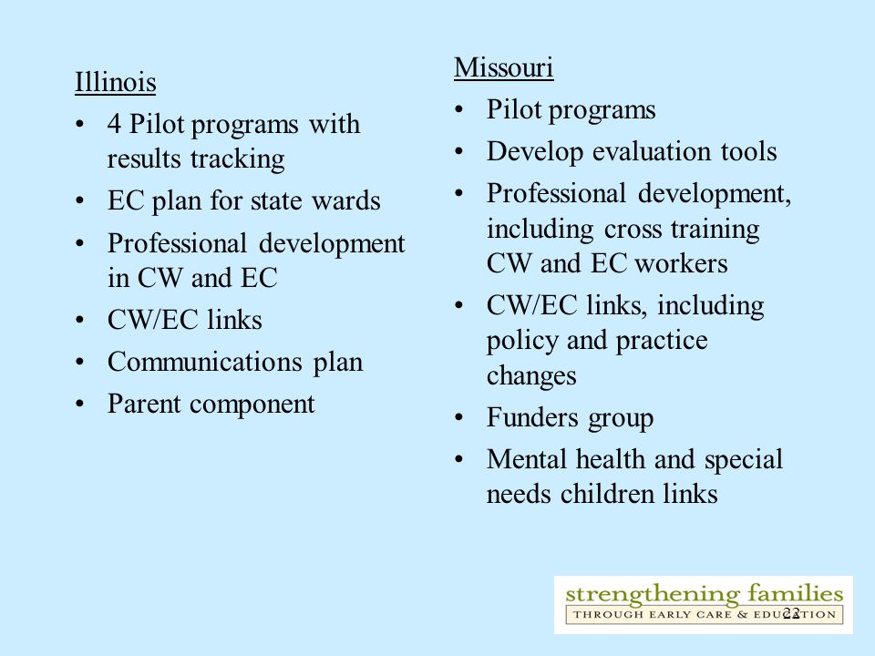 22 Illinois 4 Pilot programs with results tracking EC plan for state wards Professional development in CW and EC CW/EC links Communications plan Parent component Missouri Pilot programs Develop evaluation tools Professional development, including cross training CW and EC workers CW/EC links, including policy and practice changes Funders group Mental health and special needs children links