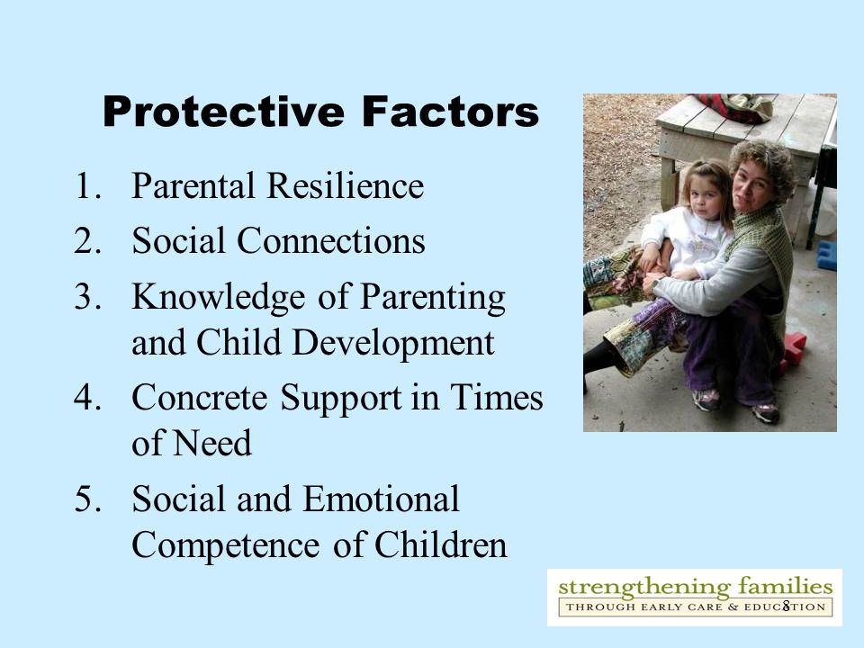 8 Protective Factors 1.Parental Resilience 2.Social Connections 3.Knowledge of Parenting and Child Development 4.Concrete Support in Times of Need 5.Social and Emotional Competence of Children