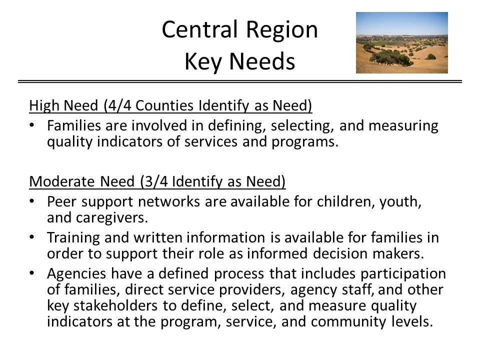Central Region Key Needs High Need (4/4 Counties Identify as Need) Families are involved in defining, selecting, and measuring quality indicators of services and programs.