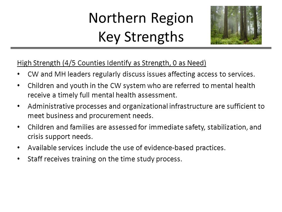 Northern Region Key Strengths High Strength (4/5 Counties Identify as Strength, 0 as Need) CW and MH leaders regularly discuss issues affecting access to services.