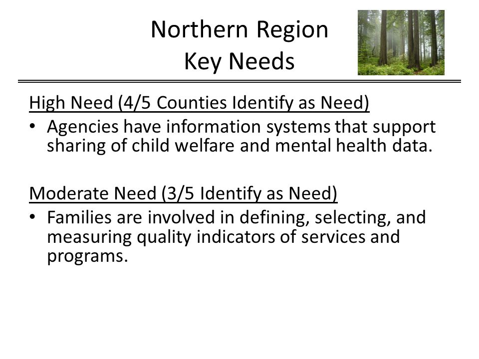 Northern Region Key Needs High Need (4/5 Counties Identify as Need) Agencies have information systems that support sharing of child welfare and mental health data.