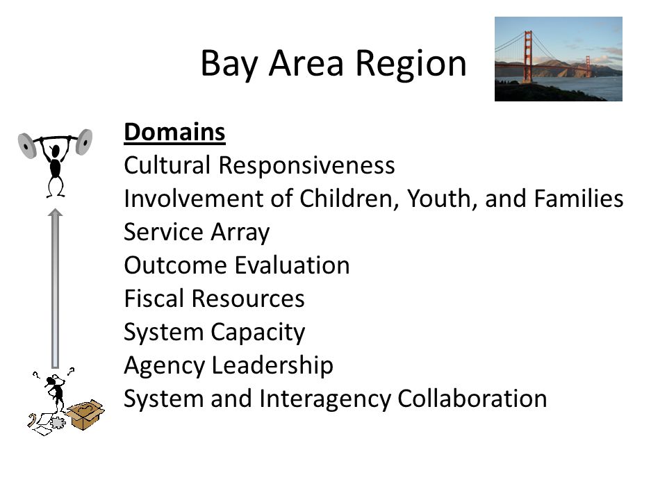 Bay Area Region Domains Cultural Responsiveness Involvement of Children, Youth, and Families Service Array Outcome Evaluation Fiscal Resources System Capacity Agency Leadership System and Interagency Collaboration