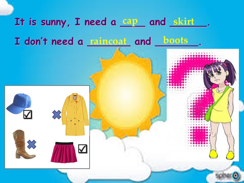 It is sunny, I need a ____ and ______. I don’t need a _______ and _______. cap skirt raincoat boots