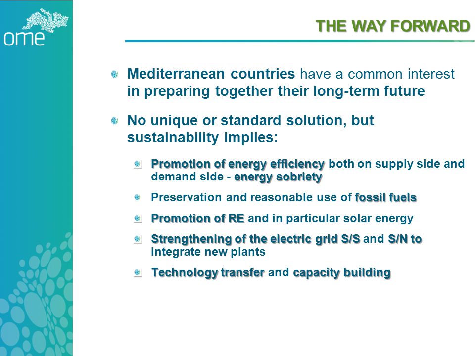 THE WAY FORWARD Mediterranean countries have a common interest in preparing together their long-term future No unique or standard solution, but sustainability implies: Promotion of energy efficiency energy sobriety Promotion of energy efficiency both on supply side and demand side - energy sobriety fossil fuels Preservation and reasonable use of fossil fuels Promotion of RE Promotion of RE and in particular solar energy Strengthening of the electric grid S/SS/N to Strengthening of the electric grid S/S and S/N to integrate new plants Technology transfer capacity building Technology transfer and capacity building