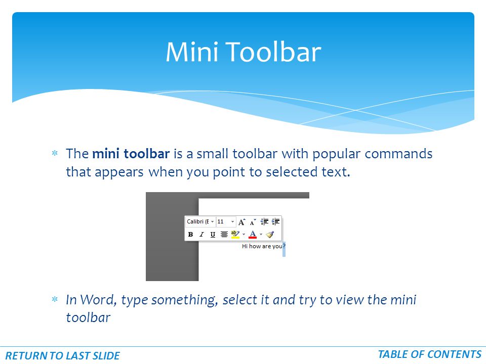  The mini toolbar is a small toolbar with popular commands that appears when you point to selected text.