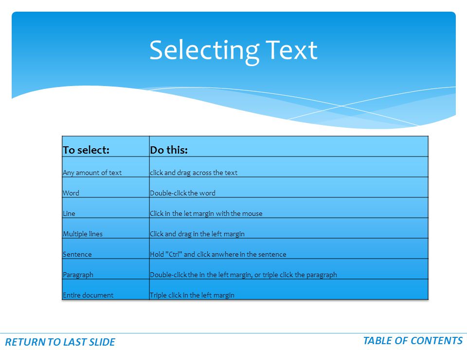 Selecting Text RETURN TO LAST SLIDE TABLE OF CONTENTS