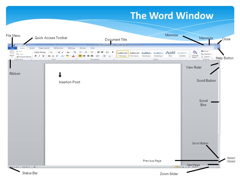 File Menu Quick Access Toolbar Document Title Minimize Maximize Close Help Button View Ruler Scroll Button Scroll Box Scroll Button Previous Page Select Object Next Page Zoom Slider Status Bar Insertion Point Ribbon The Word Window
