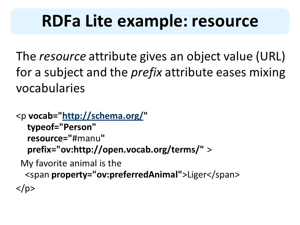 RDFa Lite. RDFa 1.1 Lite is a subset of RDFa 1.1 Five simple attributes:  vocab, typeof, property, resource, and prefix Completely upwards compatible  RDFa. - ppt download