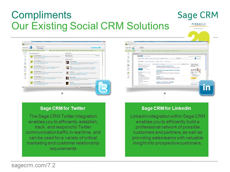 sagecrm.com/7.2 Compliments Our Existing Social CRM Solutions Sage CRM for LinkedIn LinkedIn integration within Sage CRM enables you to efficiently build a professional network of possible customers and partners, as well as providing sales teams with valuable insight into prospective customers.