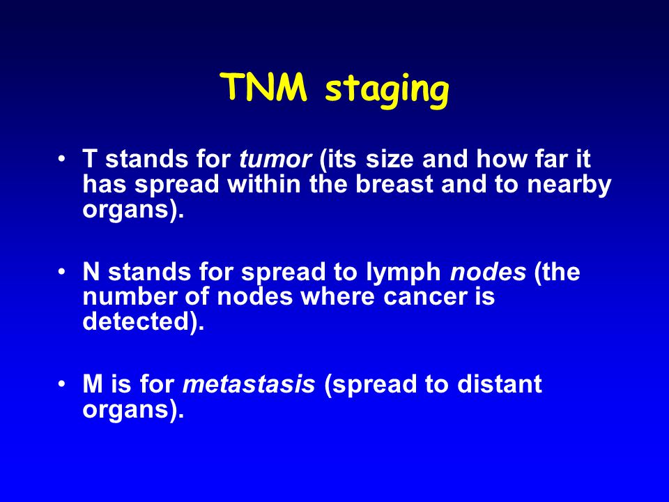 TNM staging T stands for tumor (its size and how far it has spread within the breast and to nearby organs).