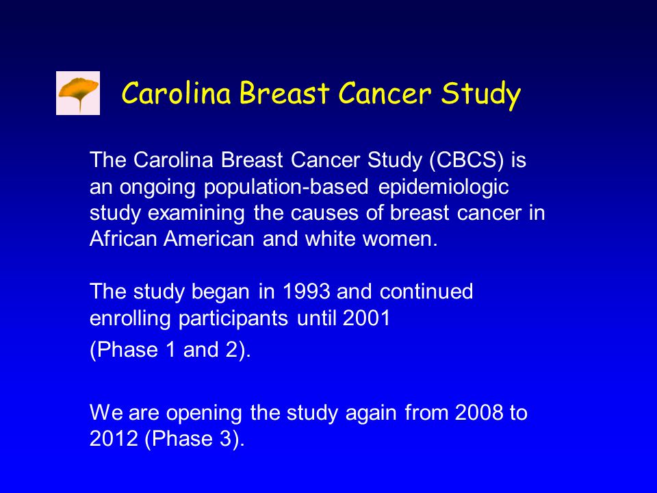 The Carolina Breast Cancer Study (CBCS) is an ongoing population-based epidemiologic study examining the causes of breast cancer in African American and white women.