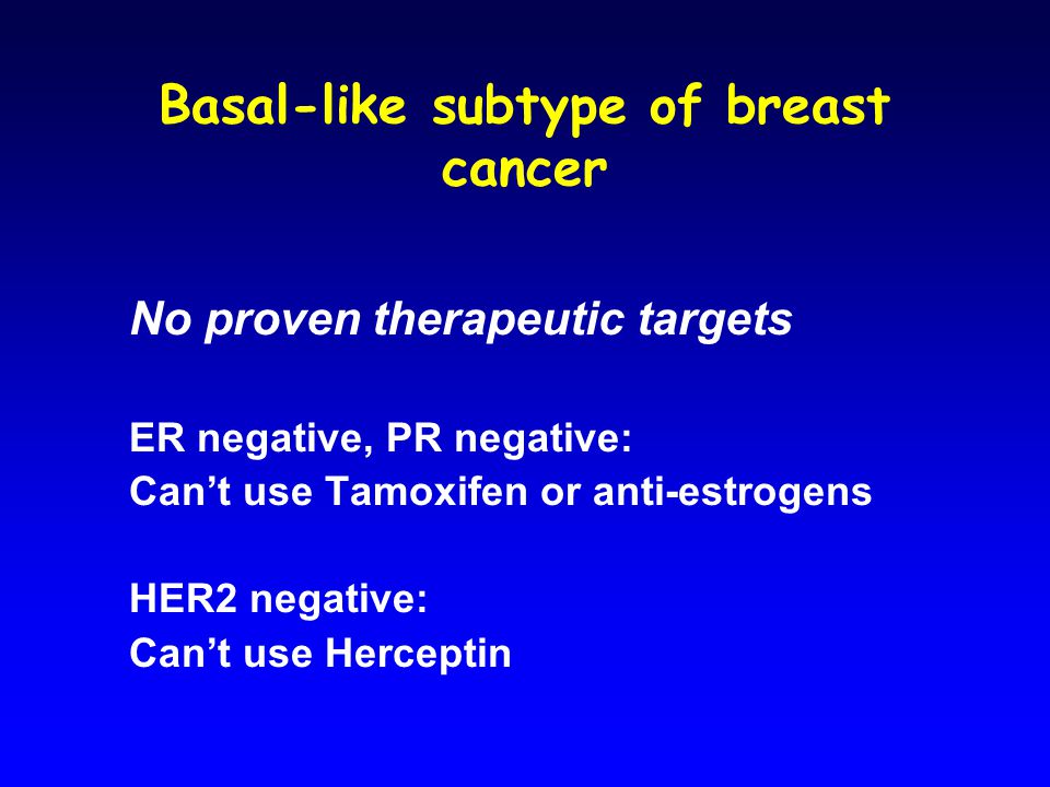 Basal-like subtype of breast cancer No proven therapeutic targets ER negative, PR negative: Can’t use Tamoxifen or anti-estrogens HER2 negative: Can’t use Herceptin
