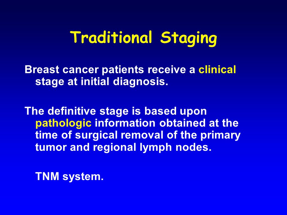 Traditional Staging Breast cancer patients receive a clinical stage at initial diagnosis.