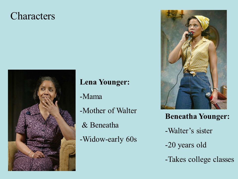 Characters Lena Younger: -Mama -Mother of Walter & Beneatha -Widow-early 60s Beneatha Younger: -Walter’s sister -20 years old -Takes college classes