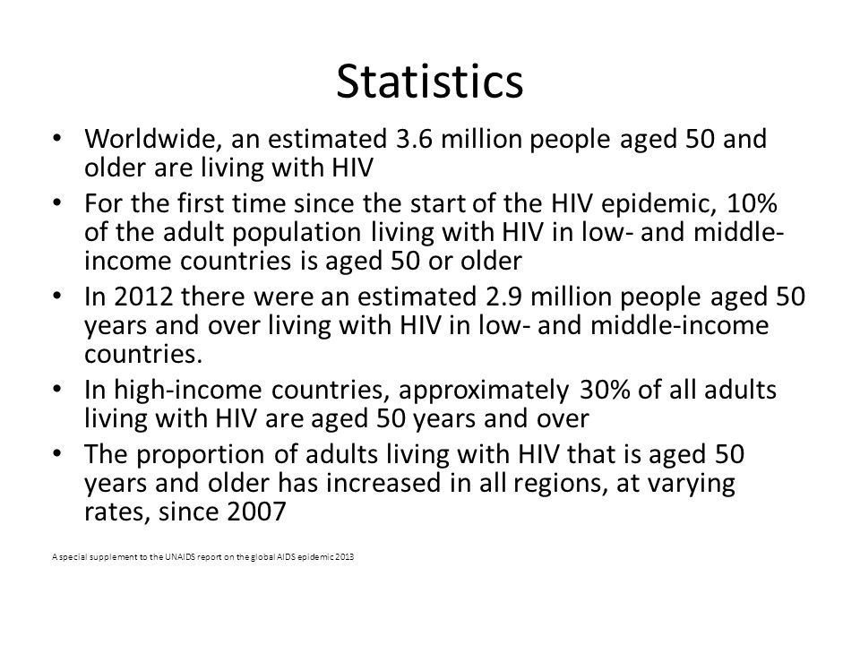 Statistics Worldwide, an estimated 3.6 million people aged 50 and older are living with HIV For the first time since the start of the HIV epidemic, 10% of the adult population living with HIV in low- and middle- income countries is aged 50 or older In 2012 there were an estimated 2.9 million people aged 50 years and over living with HIV in low- and middle-income countries.