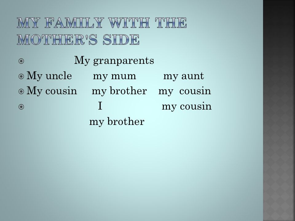  My granparents  My uncle my mum my aunt  My cousin my brother my cousin  I my cousin my brother