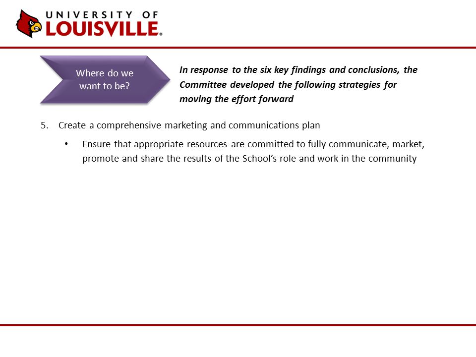 5.Create a comprehensive marketing and communications plan Ensure that appropriate resources are committed to fully communicate, market, promote and share the results of the School’s role and work in the community Where do we want to be.