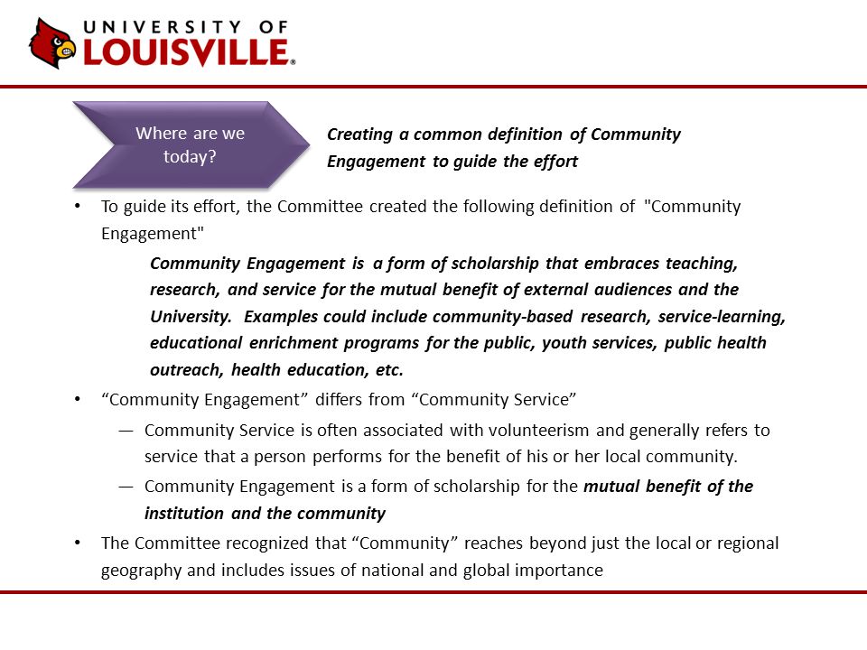 To guide its effort, the Committee created the following definition of Community Engagement Community Engagement is a form of scholarship that embraces teaching, research, and service for the mutual benefit of external audiences and the University.