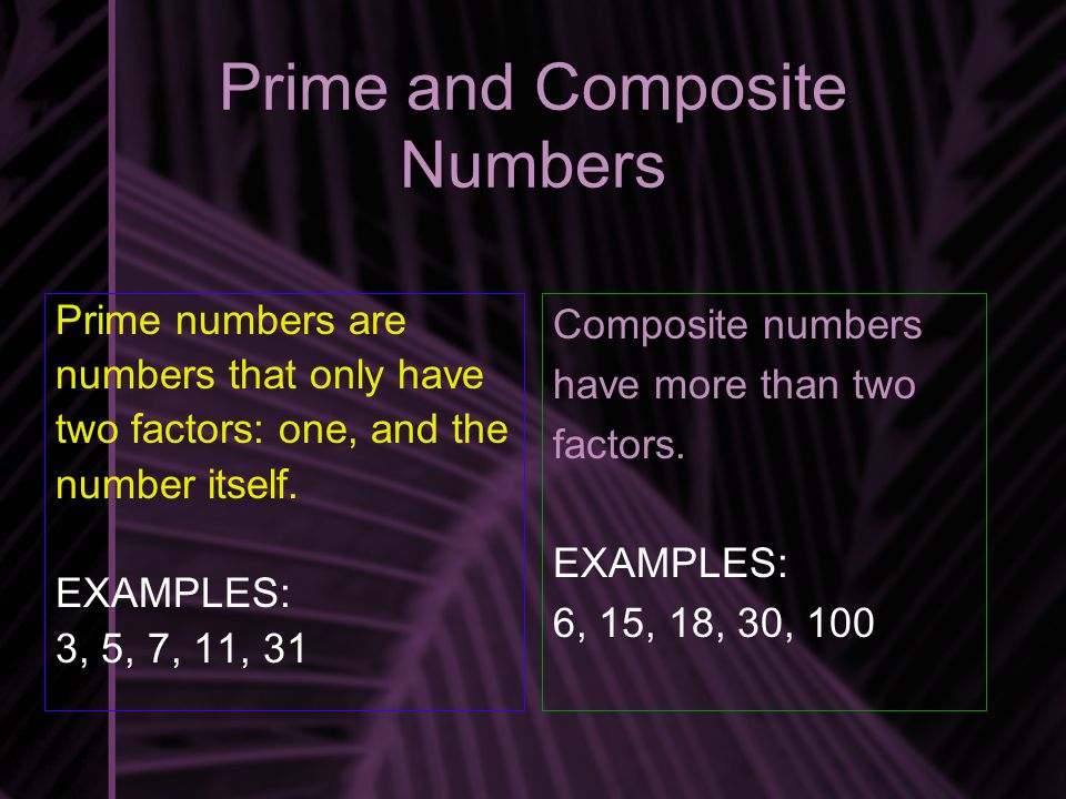 Prime and Composite Numbers Prime numbers are numbers that only have two factors: one, and the number itself.