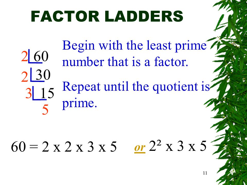 11 FACTOR LADDERS = 2 x 2 x 3 x 5 or 2 ² x 3 x 5 Begin with the least prime number that is a factor.