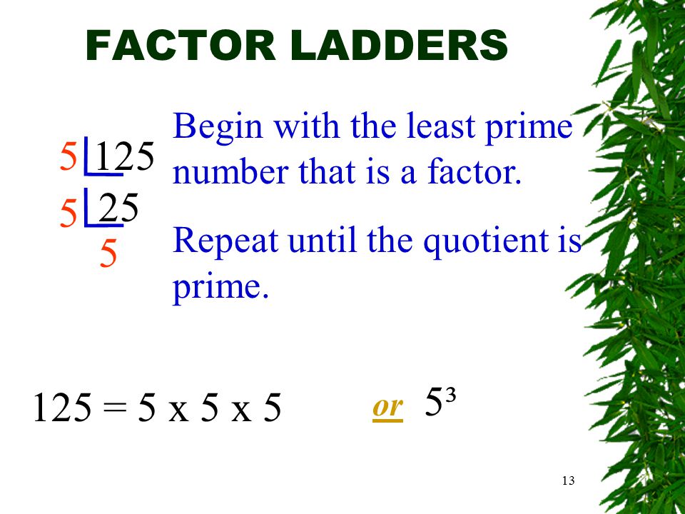 13 FACTOR LADDERS = 5 x 5 x 5 or 5³ Begin with the least prime number that is a factor.