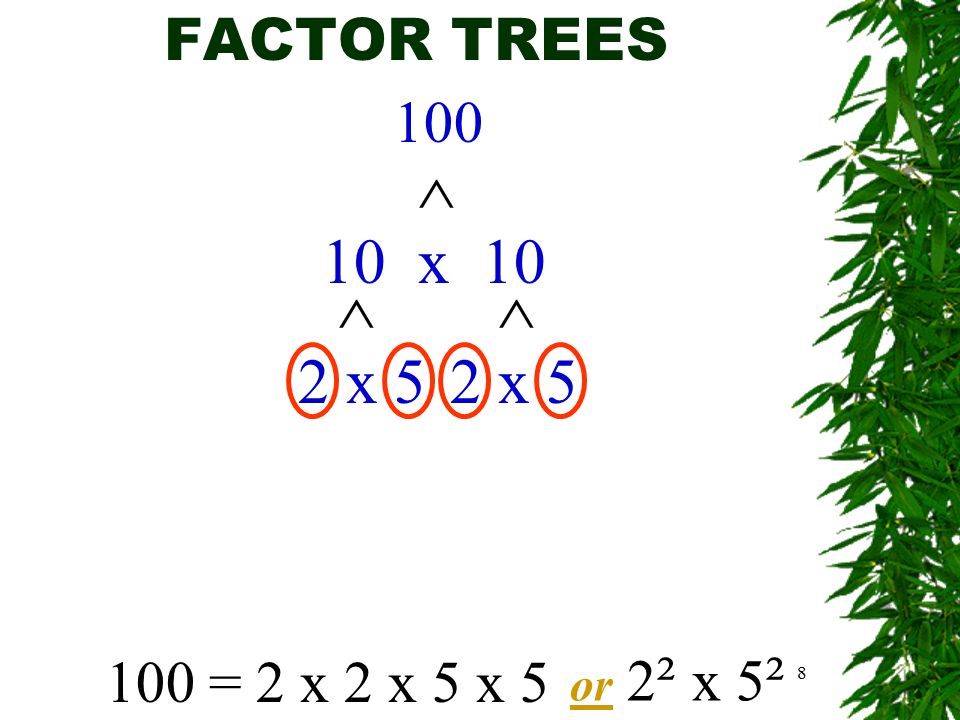 8 FACTOR TREES x 10 ^ ^ 2 x 5 ^ 100 = 2 x 2 x 5 x 5 or 2 ² x 5²5²