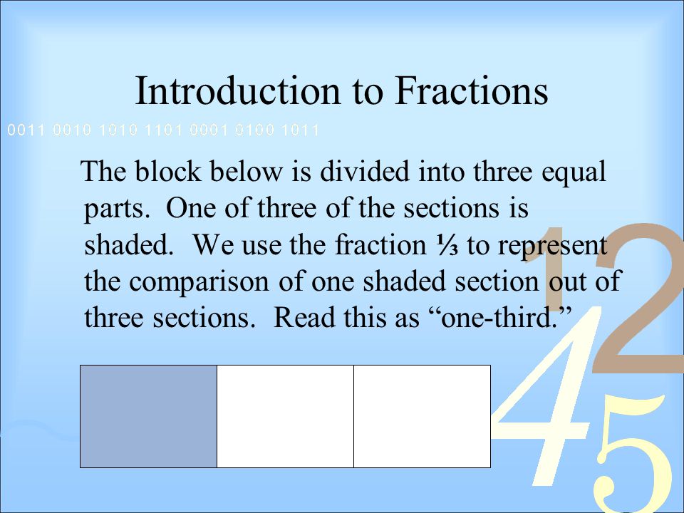 Introduction to Fractions The block below is divided into three equal parts.