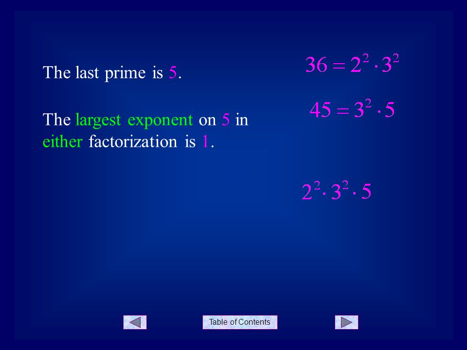 Table of Contents The last prime is 5. The largest exponent on 5 in either factorization is 1.