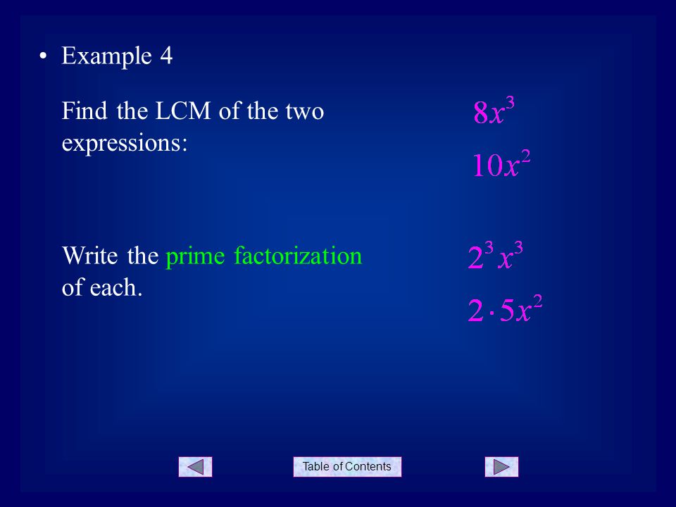Table of Contents Example 4 Find the LCM of the two expressions: Write the prime factorization of each.