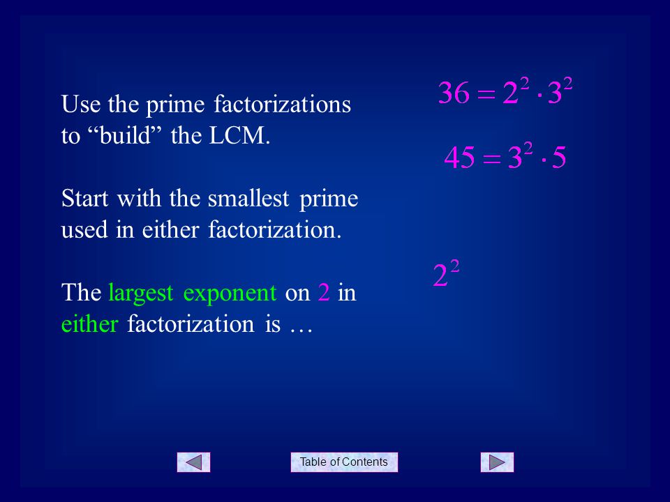 Table of Contents Use the prime factorizations to build the LCM.