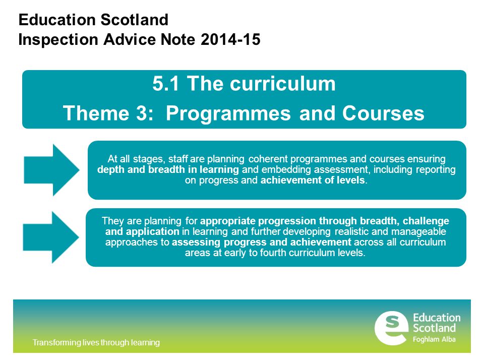 Transforming lives through learning Education Scotland Inspection Advice Note The curriculum Theme 3: Programmes and Courses At all stages, staff are planning coherent programmes and courses ensuring depth and breadth in learning and embedding assessment, including reporting on progress and achievement of levels.