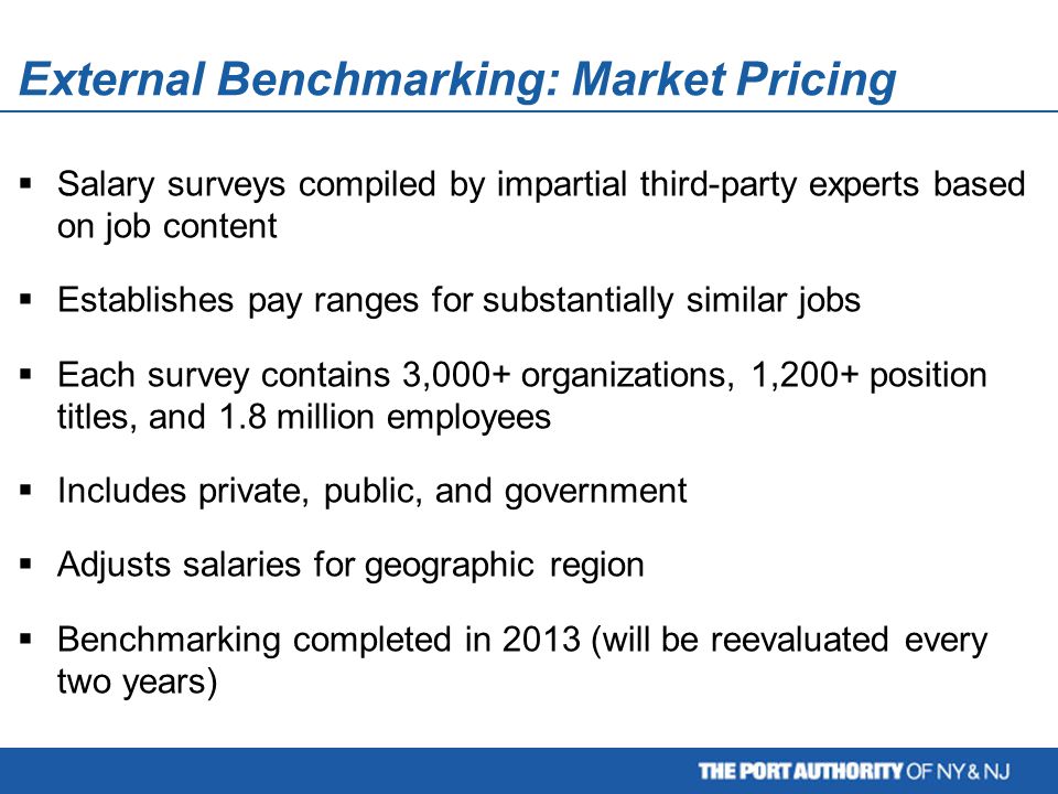 External Benchmarking: Market Pricing  Salary surveys compiled by impartial third-party experts based on job content  Establishes pay ranges for substantially similar jobs  Each survey contains 3,000+ organizations, 1,200+ position titles, and 1.8 million employees  Includes private, public, and government  Adjusts salaries for geographic region  Benchmarking completed in 2013 (will be reevaluated every two years)