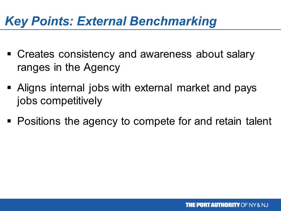 Key Points: External Benchmarking  Creates consistency and awareness about salary ranges in the Agency  Aligns internal jobs with external market and pays jobs competitively  Positions the agency to compete for and retain talent
