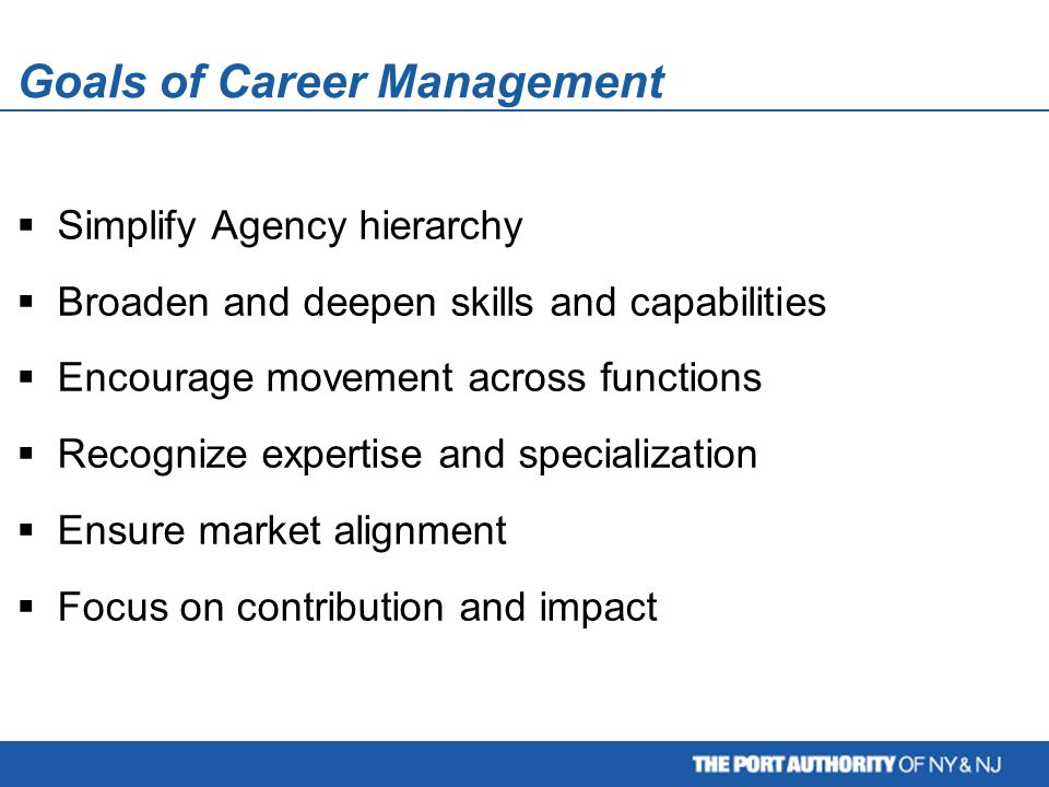 Goals of Career Management  Simplify Agency hierarchy  Broaden and deepen skills and capabilities  Encourage movement across functions  Recognize expertise and specialization  Ensure market alignment  Focus on contribution and impact
