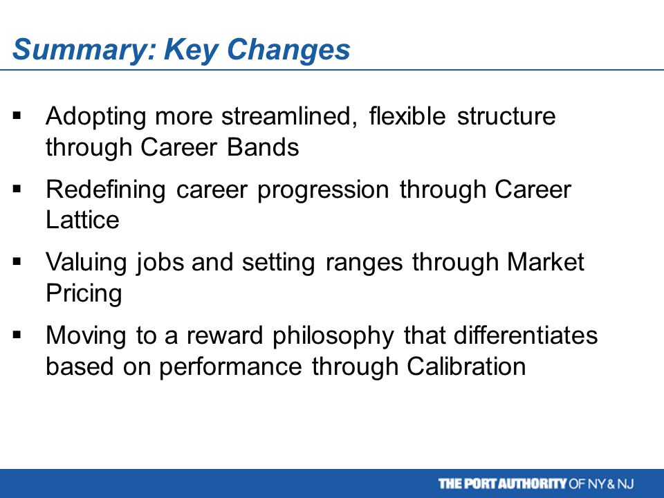  Adopting more streamlined, flexible structure through Career Bands  Redefining career progression through Career Lattice  Valuing jobs and setting ranges through Market Pricing  Moving to a reward philosophy that differentiates based on performance through Calibration Summary: Key Changes