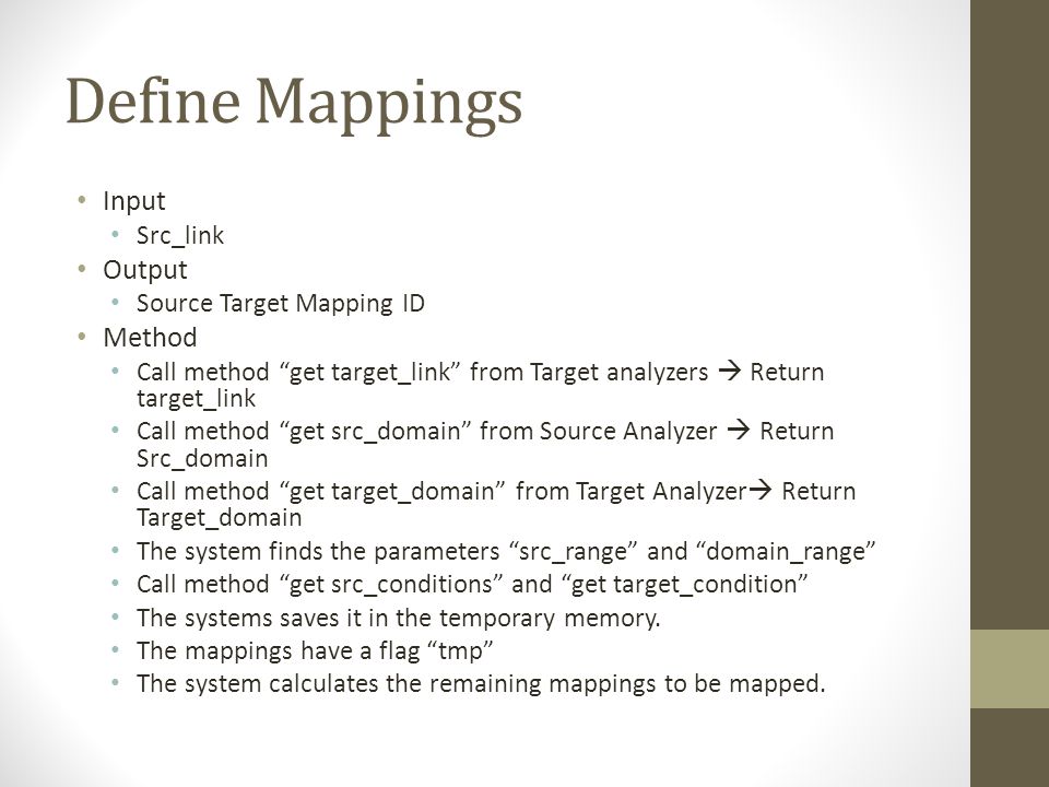 Define Mappings Input Src_link Output Source Target Mapping ID Method Call method get target_link from Target analyzers  Return target_link Call method get src_domain from Source Analyzer  Return Src_domain Call method get target_domain from Target Analyzer  Return Target_domain The system finds the parameters src_range and domain_range Call method get src_conditions and get target_condition The systems saves it in the temporary memory.