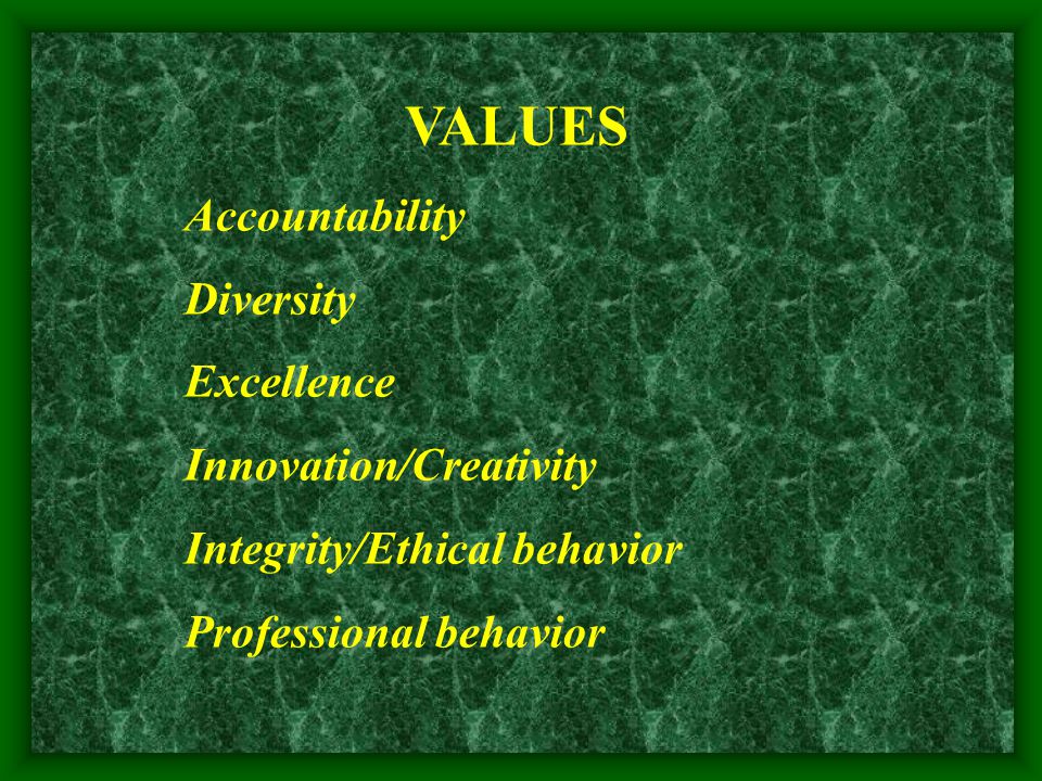 VALUES Accountability Diversity Excellence Innovation/Creativity Integrity/Ethical behavior Professional behavior