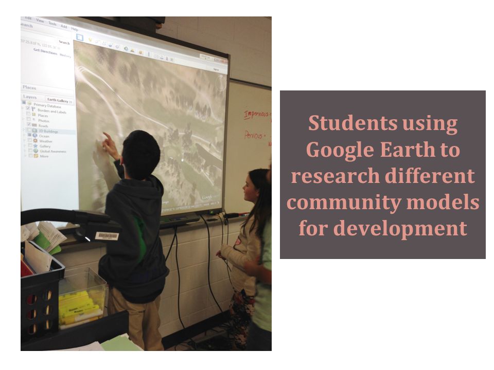 Students using Google Earth to research different community models for development