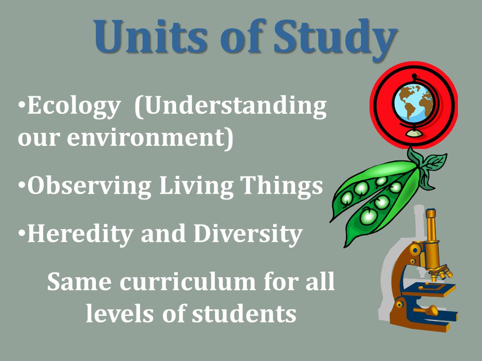 Units of Study Ecology (Understanding our environment) Observing Living Things Heredity and Diversity Same curriculum for all levels of students