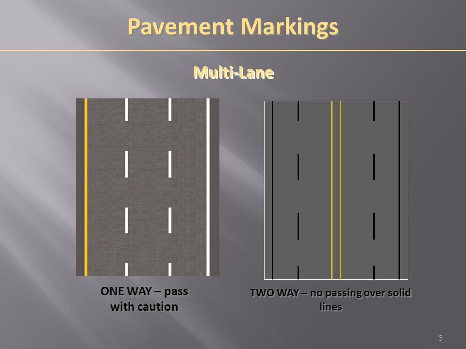 ONE WAY – pass with caution TWO WAY – no passing over solid lines Pavement Markings 5 Multi-Lane