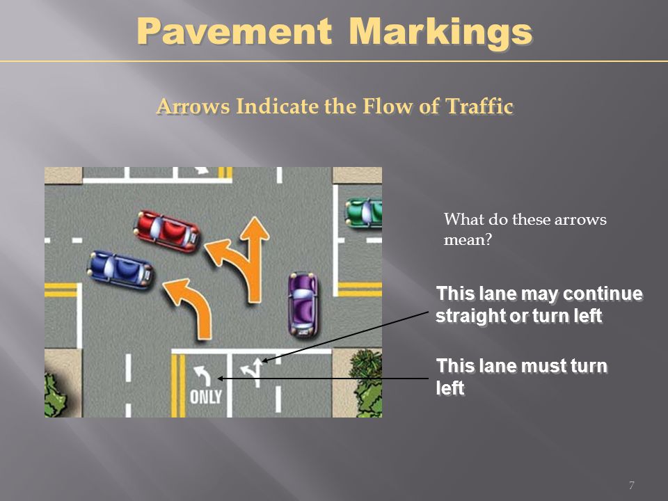 Pavement Markings This lane may continue straight or turn left Arrows Indicate the Flow of Traffic This lane must turn left 7 What do these arrows mean