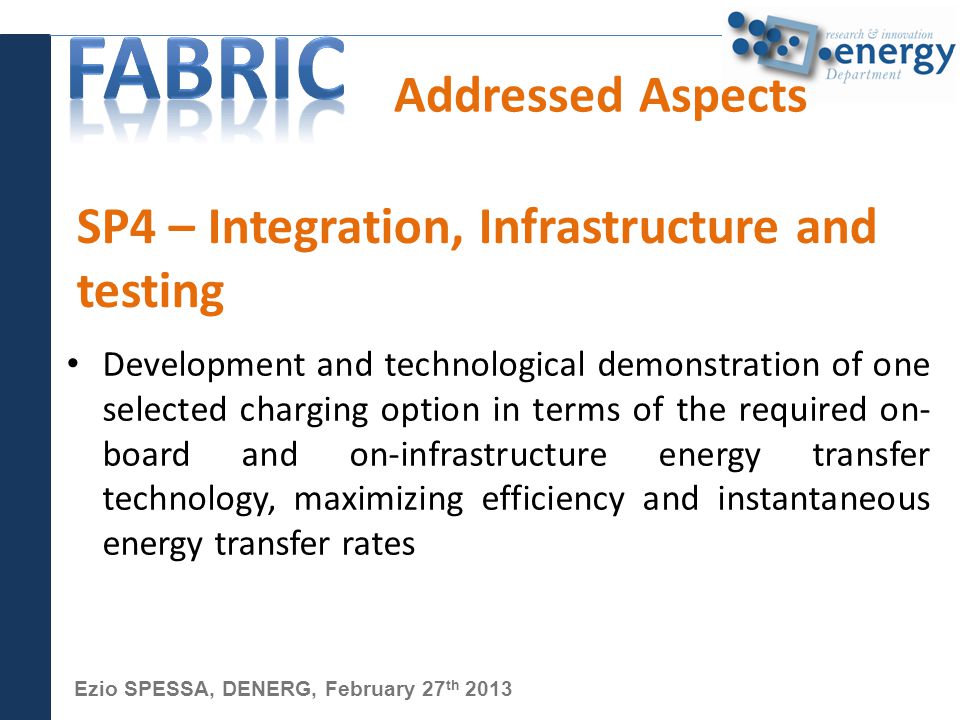 Ezio SPESSA, DENERG, February 27 th 2013 Addressed Aspects Development and technological demonstration of one selected charging option in terms of the required on- board and on-infrastructure energy transfer technology, maximizing efficiency and instantaneous energy transfer rates SP4 – Integration, Infrastructure and testing