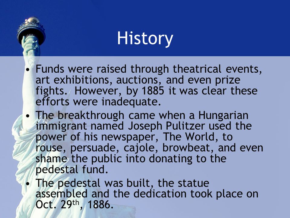 History Funds were raised through theatrical events, art exhibitions, auctions, and even prize fights.