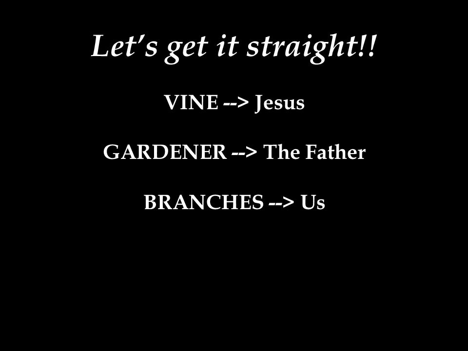 Let’s get it straight!! VINE --> Jesus GARDENER --> The Father BRANCHES --> Us