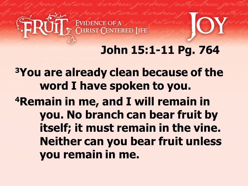 John 15:1-11 Pg You are already clean because of the word I have spoken to you.