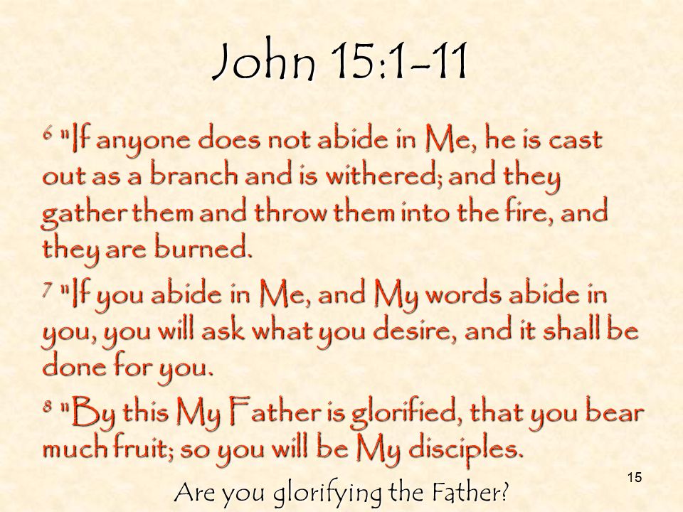 15 John 15: If anyone does not abide in Me, he is cast out as a branch and is withered; and they gather them and throw them into the fire, and they are burned.
