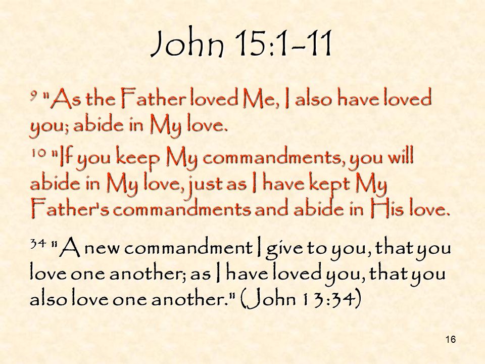 16 John 15: As the Father loved Me, I also have loved you; abide in My love.