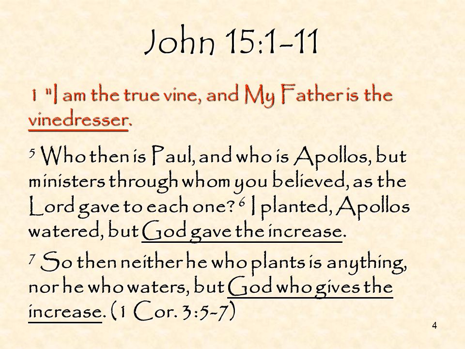4 John 15: I am the true vine, and My Father is the vinedresser.