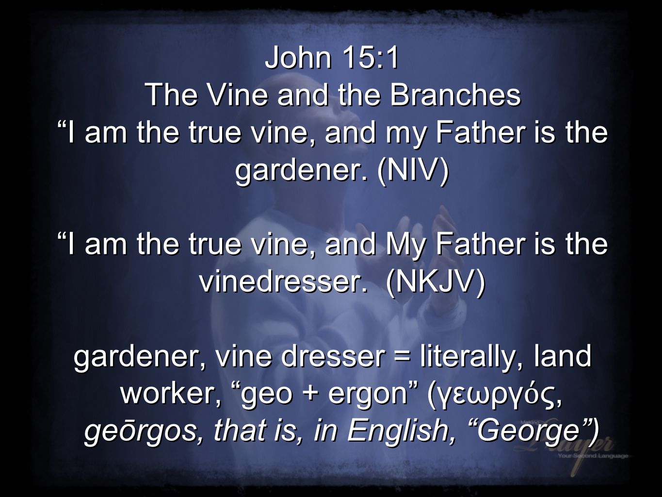 John 15:1 The Vine and the Branches I am the true vine, and my Father is the gardener.